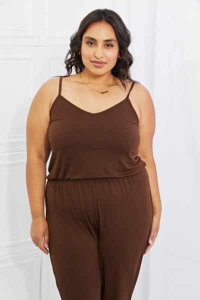 Capella Comfy Casual Full Size Solid Elastic Waistband Jumpsuit in Chocolate Trendsi