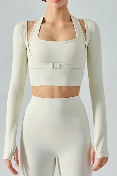 Ribbed Faux Layered Halter Neck Cropped Sports Top Trendsi