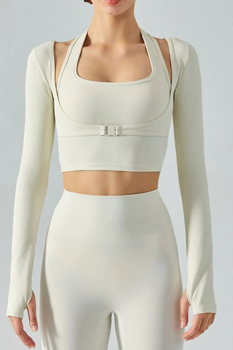Ribbed Faux Layered Halter Neck Cropped Sports Top Trendsi
